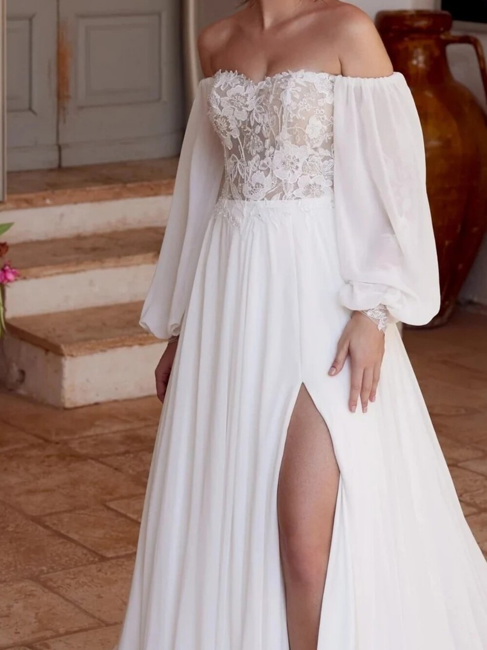 Lillian West Wedding Gown‎ Off the Shoulder Style 66228 With Slit Ethereal Boho - Picture 4 of 16